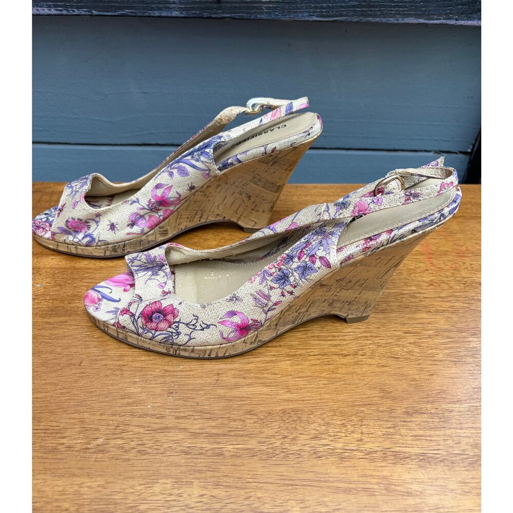 Classified Floral Cork Wedge Sandals Women’s Size 9 Slingback Peep Toe